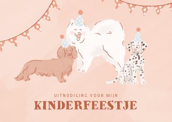 Leuke uitnodiging kinderfeestje met hondjes met feesthoedje