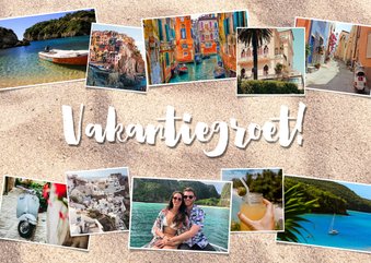 Leuke vakantiekaart met fotocollage, zand en typografie