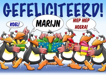 Leuke verjaardagskaart pinguïns die kadootjes meenemen