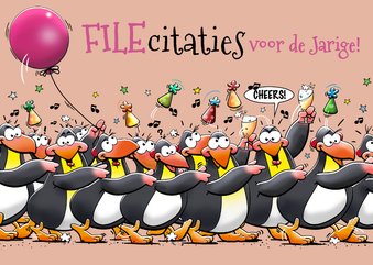 Leuke verjaardagskaart pinguïns met ballon en feesthoedjes