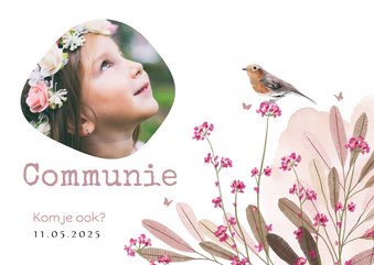 Lief communiekaartje met veldbloemen waterverf vogeltje