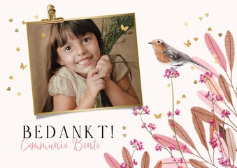 Lieve bedankkaart communie bladeren roze vogel vlinders goud