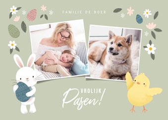 Lieve paaskaart met foto's paashaas en kuikentje