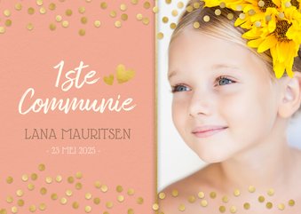 Lieve stijlvolle communiekaart meisje met gouden confetti