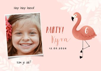 Lieve uitnodiging kinderfeestje flamingo, bladeren en foto