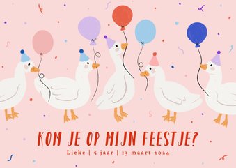 Lieve uitnodiging kinderfeestje met eendjes ballonnen roze