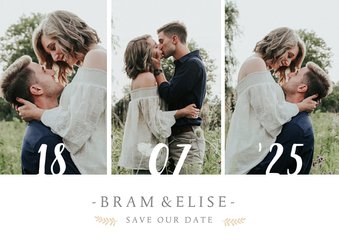 Liggende save the date fotokaart met 3 eigen foto's en datum