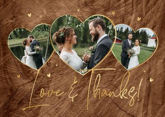 Love and thanks trouwkaart hout foto's hartjes goud