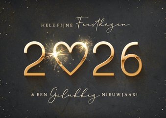 Luxe kerstkaart met gouden jaartal en een sprankelend hart