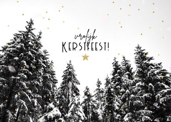 Moderne kerstkaart met besneeuwde bomen, Vrolijk Kerstfeest!