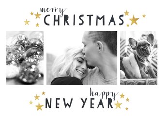 Moderne kerstkaart met foto's, typografie en gouden sterren