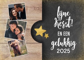 Moderne kerstkaart met hout, krijtbord, foto's en typografie