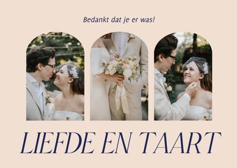Moderne typografisch bedankkaart liefde en taart trouwen