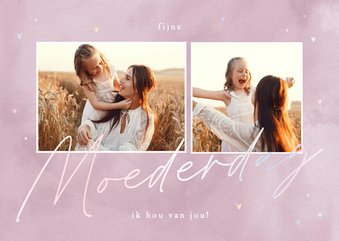 Moederdagkaart lila waterverf met foto's en hartjes