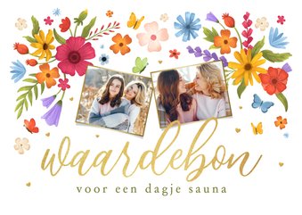 Moederdagkaart tegoedbon waardebon bloemen foto's hartjes