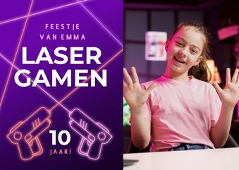 Neon fotokaart uitnodiging kinderfeestje meisje laser gamen
