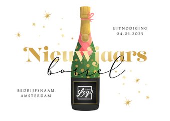 Nieuwjaarsborrel uitnodiging champagne sterren goud oliebol