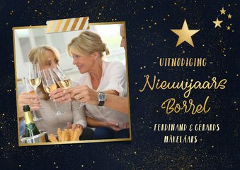 Nieuwjaarsborrel uitnodiging met foto - zwart en goud