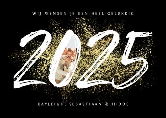 Nieuwjaarskaart 2025 stijlvol goud spetters vuurwerk