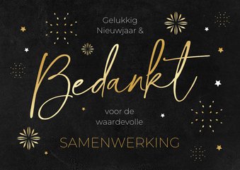 Nieuwjaarskaart bedankt zakelijk vuurwerk sterren goud