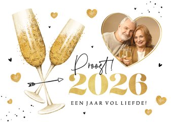 Nieuwjaarskaart champagne hartjes liefde goud 2026 foto