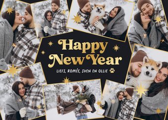 Nieuwjaarskaart fotocollage fijne feestdagen gouden sterren 