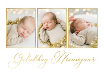 Nieuwjaarskaart fotocollage met klassieke gouden typografie