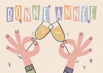 Nieuwjaarskaart Frans in retrostijl bonne année champagne