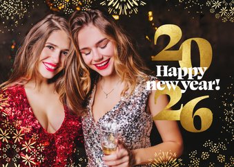 Nieuwjaarskaart met foto gouden vuurwerk 2026 cijfers
