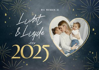 Nieuwjaarskaart met foto licht liefde goud vuurwerk 2025