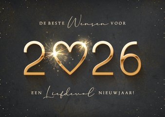 Nieuwjaarskaart met gouden jaartal en een sprankelend hart