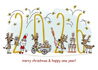 Nieuwjaarskaart met herten kerstman champagne en vuurwerk