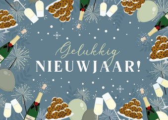 Nieuwjaarskaart met illustraties van champagne en oliebollen