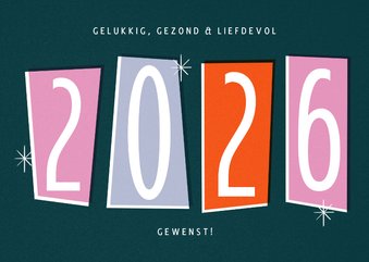 Nieuwjaarskaart retro 2026 groot jaartal 