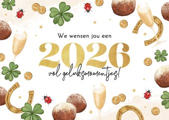 Nieuwjaarskaart vol gelukssymbolen vrolijk illustraties