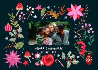 Nieuwjaarskaart vrolijke bloemen modern roze