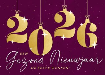 Paarse kaart met sterren en gouden cijfers gezond nieuwjaar