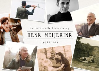 Persoonlijke moderne rouwkaart fotocollage met 7 foto's