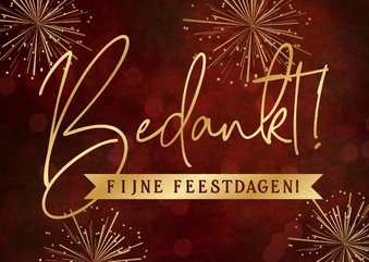 Rode kerst bedankkaart met gouden vuurwerk