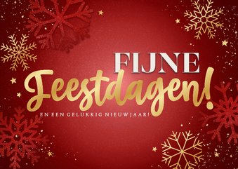 Rode kerstkaart sneeuwvlokken sterren Fijne Feestdagen