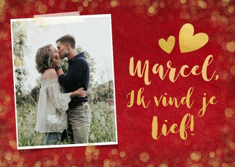 Rode valentijnskaart met gouden confetti, foto en naam