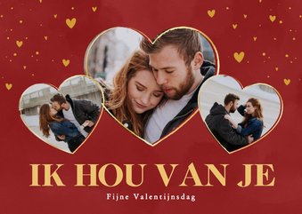 Rood fotokaartje valentijn drie foto's en hartjes