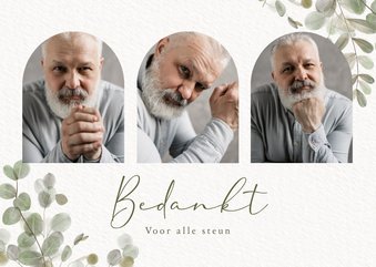 Rouw bedankkaart met groene eucalyptus takjes en foto's