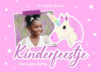  Roze kinderfeestje uitnodiging met foto en eenhoorn