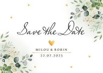 Save the Date kaart botanisch groen blaadjes goudlook