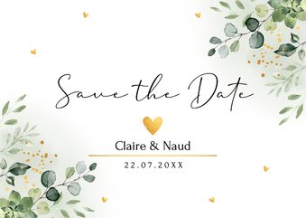 Save the Date kaart botanisch groen blaadjes goudlook