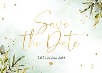 Save the date kaart botanisch watercolor hartjes goud