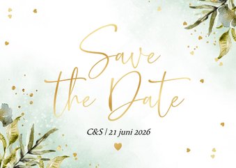 Save the date kaart botanisch watercolor hartjes goud