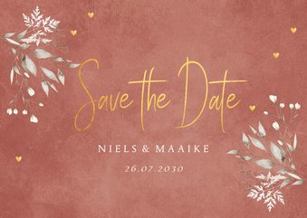Save the Date kaart terracotta floral hartjes