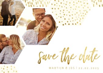 Save the date kaart zeshoek fotocollage met gouden confetti